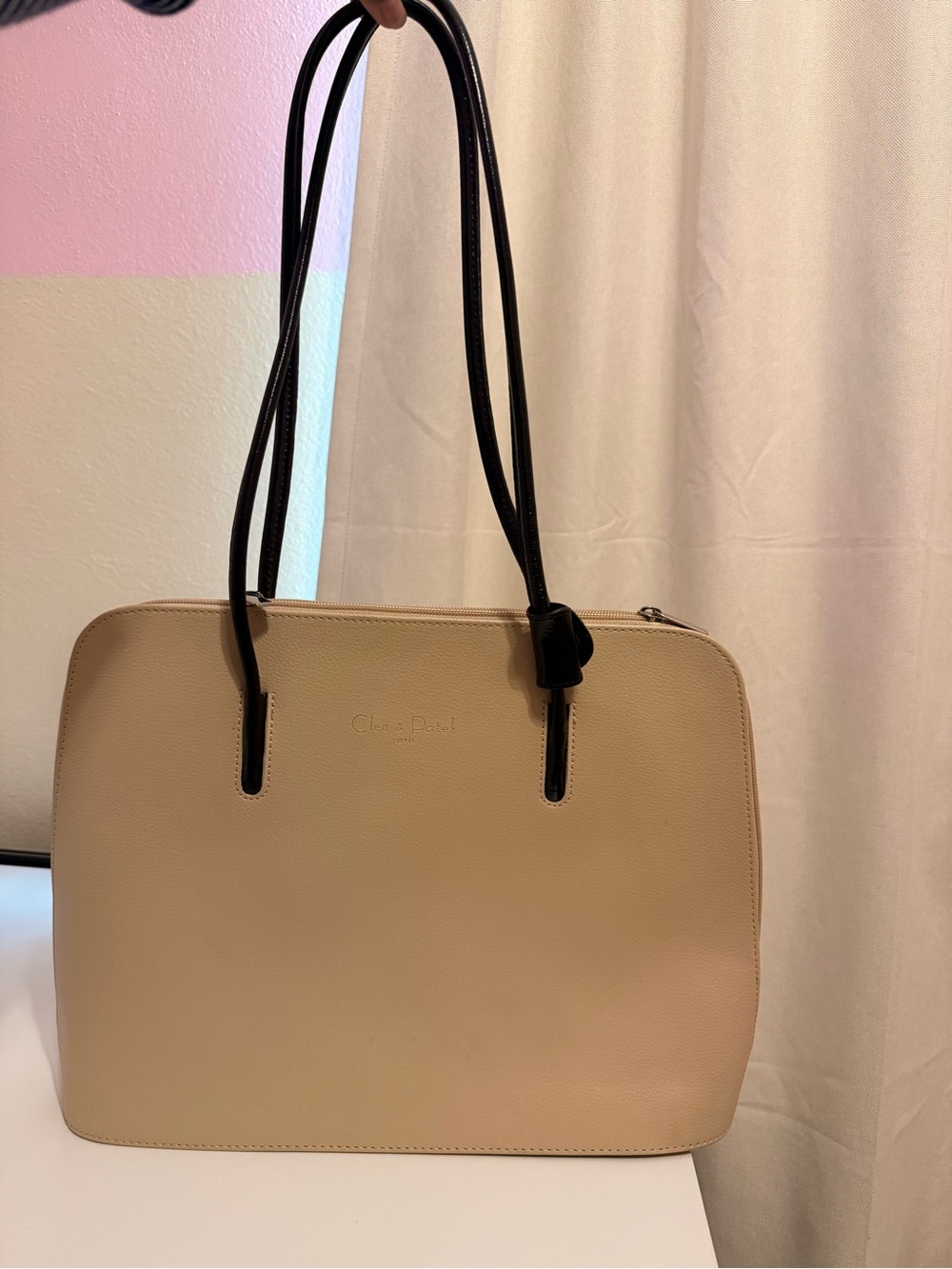 Vintage Cleo & Patek Paris Cream Shoulder Tote with Black Straps leather